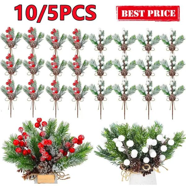 Decorações de Natal 10/5 PCS Red Berry Artificial Flor Pine Cone Branch Árvore Decoração Ornamento Embalagem de Presente Home DIY Grinalda 231116