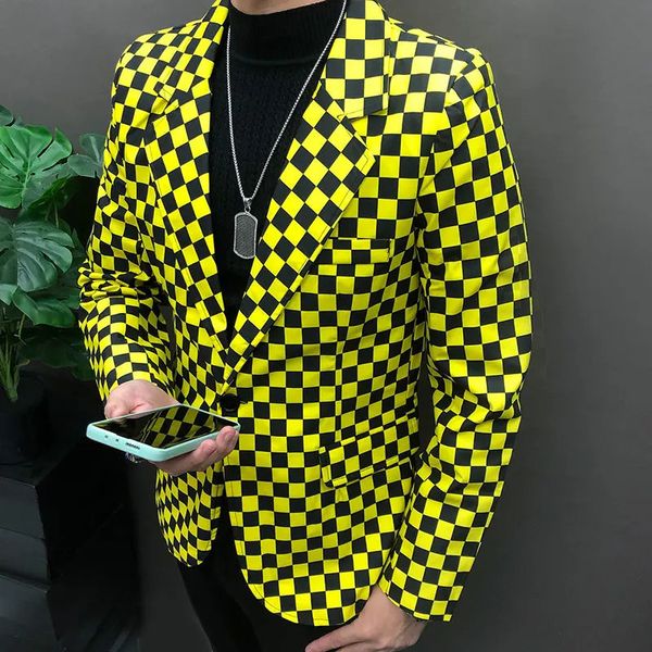 Herrenanzüge Blazer Schwarz Gelb Farbe Kontrast Gitter Street Hip Hop Sänger Tänzer Mantel Bühnenkostüme Männer Single Button Slim Anzug Blazer Jacke 231115