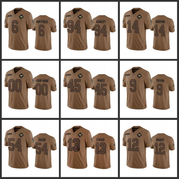 Tampa''bay''buccaneers''men 13 Mike E 54 Lavonte David 6 Baker Mayfield 12 Tom Brady Donne Youth Custom Brown 2023 Salute to Service Limited Jersey