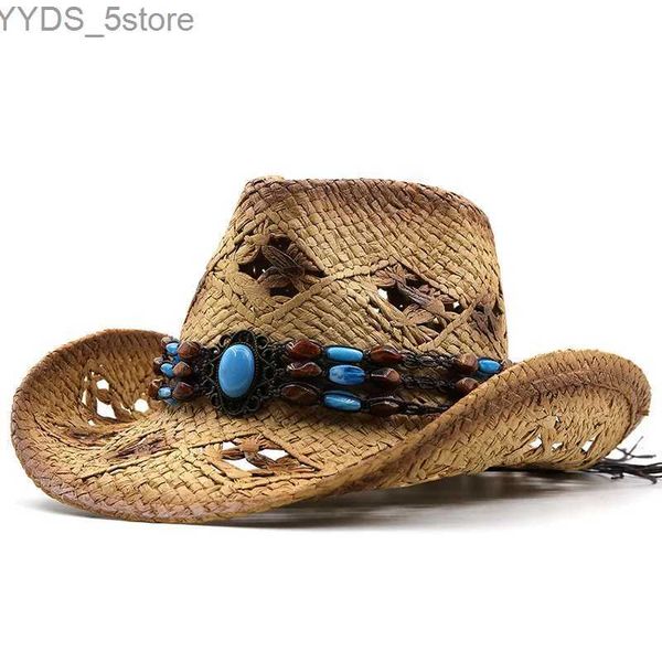 Cappelli a tesa larga Cappelli a secchiello Retro Vintage Perline turchesi Cintura in pelle scavata Donna Uomo Str Tesa larga Spiaggia Cowboy Cowgirl Cappello da sole occidentale YQ231116