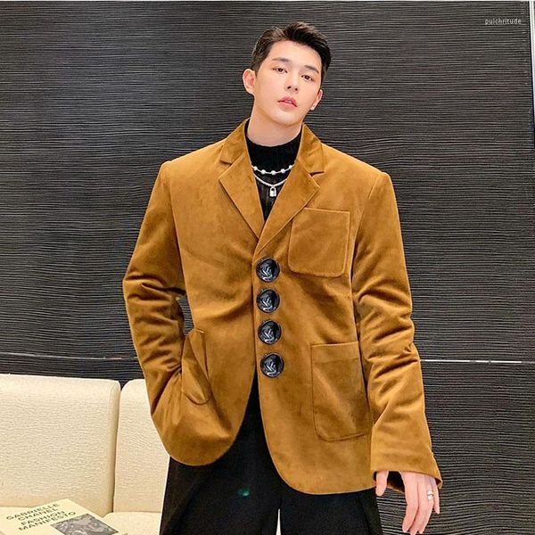 Ternos masculinos outono Blazer homem grande botão Big Button vintage casual a veludo camurça jaqueta de vestido macho coreano