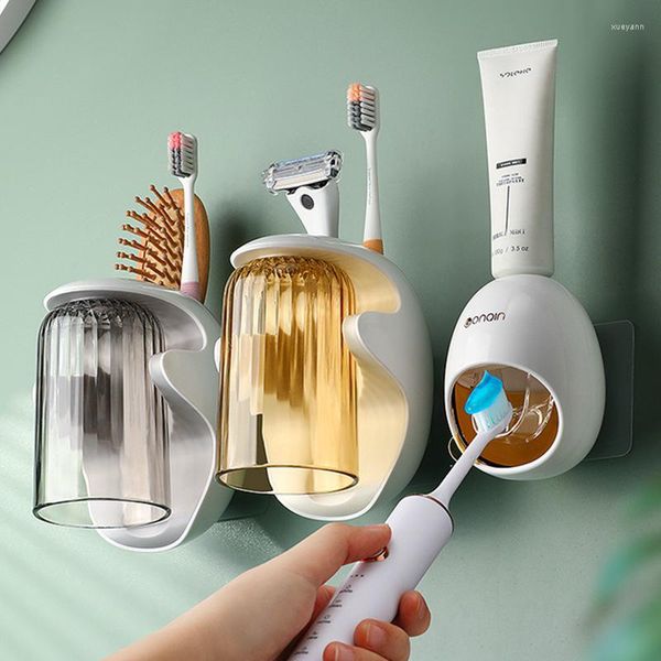 Set di accessori per il bagno Dispenser di dentifricio Spremiagrumi automatico Accessori per il bagno Supporto per montaggio a parete Organizer per spazzolino da denti