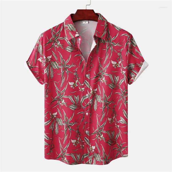 Herren Freizeithemden Herren Rot Blumendruck Baumwolle Hawaiihemd Kurzarm Button Down Strand Herren Sommerurlaub Urlaubskleidung