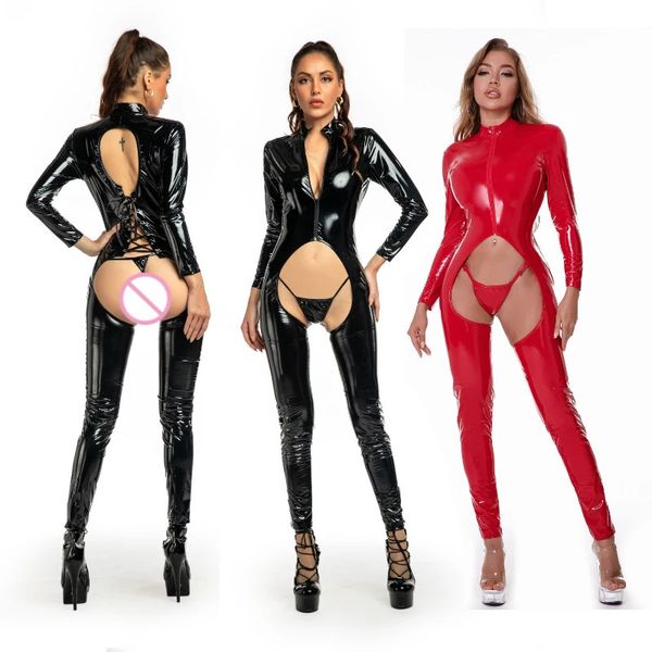 Seksi set seksi parlak deri kadın tam bodysuit açık kasık bandaj leotard içi boş out show kalçaları erotik iç çamaşırı samimi kıyafetler seks 231030