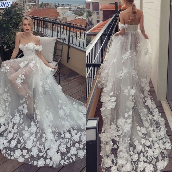 Princesa a linha vestidos de casamento fora do ombro 3d apliques florais vestidos de noiva novia sem costas trem varredura vestido de noiva