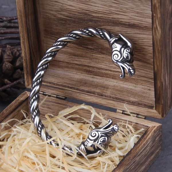 Gliederarmbänder Kette Edelstahl Nordic Viking Norse Dragon Armband Einstellbare Herrenarmbandmanschette mit HolzboxLink