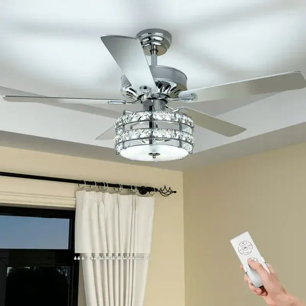 Lâmpada clássica de ventilador de teto de cristal com lâminas reversíveis remota luz noturna doméstica com controle branco C