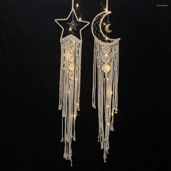 Tapeçarias boho lua estrela sonho apanhador macrame dreamcatchers com luz led casamento decoração de casa meninas crianças berçário decoração presente