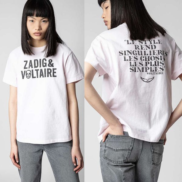 23 Damen-T-Shirt für Frühling/Sommer Zadig Voltaire, klassische Buchstaben-Shirts, Aufdruck auf Vorder- und Rückseite, gekratzte Schriftart, kurzärmliges Damen-T-Shirt aus Baumwolle