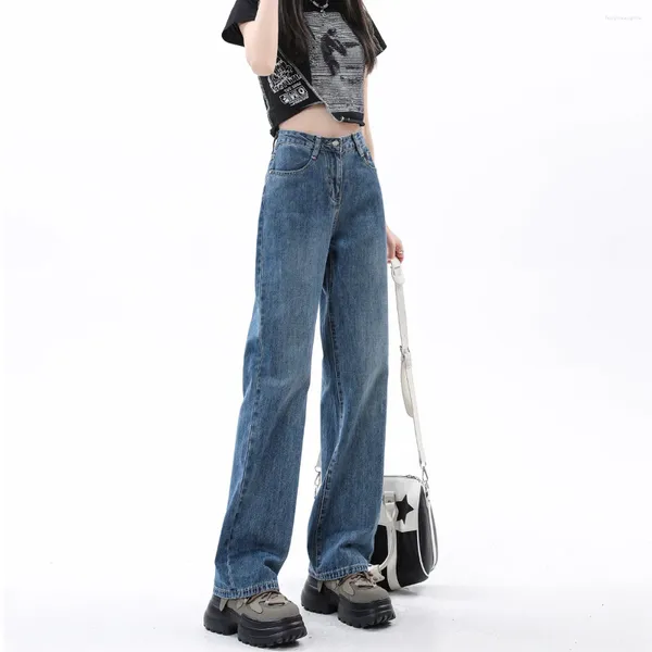 Damenjeans mit hoher Taille und weitem Bein für Frühjahr/Sommer 2023, gerader Schlauch, lockerer, den Schritt bedeckender, schmaler Boden, ziehende Hose