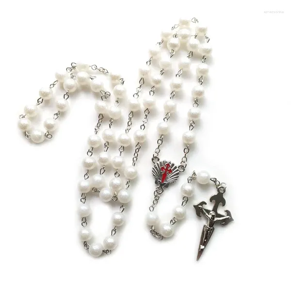 Collane con ciondolo QIGO Collana con rosario bianco imitazione perla cattolica Croce Gioielli religiosi