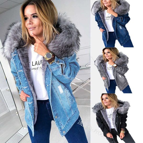 Damesjasje Winter Warm imitatiebontkraag Capuchon Casual vrouwelijk oversized jeansjack