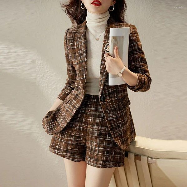 Ternos femininos fino xadrez de lã blazer primavera outono manga longa 2023 tweed moda casual shorts terno feminino