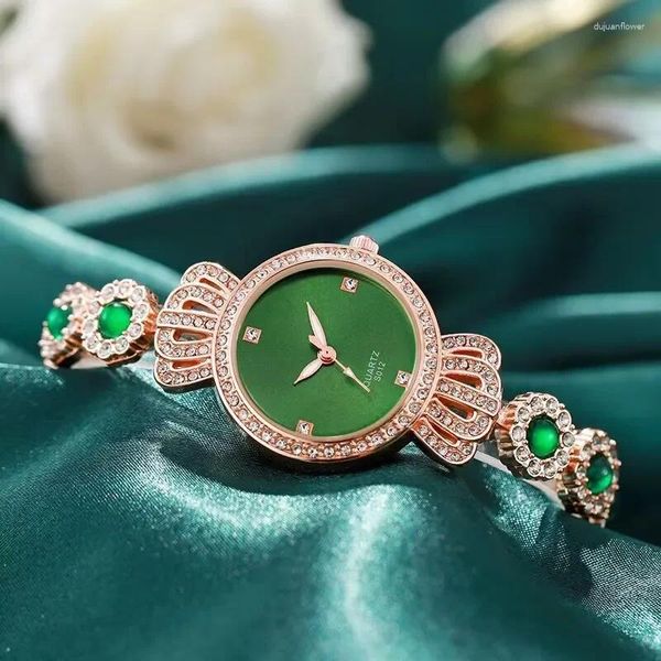 Kol saatleri lüks zümrüt yeşili vintage değerli taş elmas taç moda bilezik yuvarlak küçük kadran izleme hediyesi kadınlar için