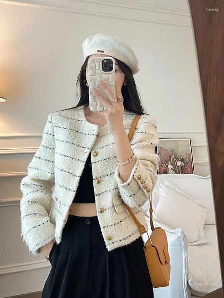 Damenjacken Süße Frauen Gestreifte Tweedjacke Koreanischer O-Ausschnitt Lässige Knöpfe Mantel Herbst Winter Chic Schlanke Bürodame Langarm