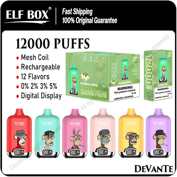 Elf Box Digital 12000 Puffs Puff 12K Электронные сигареты С сетчатой катушкой Дисплей для силового масла Перезаряжаемая одноразовая коробка для вейпа 25 мл Предварительно заполненные капсулы Испарители