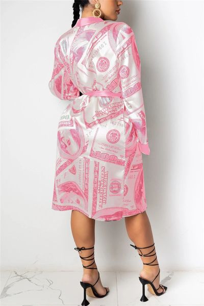 Damen Robe Satin Trendy Dollar Print Langarm Seidiger Kimono Bademantel Nachtwäsche mit Gürtel 231116