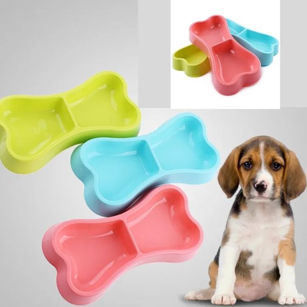 Lindo forma de hueso mascota perro gato cachorro comida viaje alimentación alimentador perros plato de agua doble tazón suministros plástico colorido