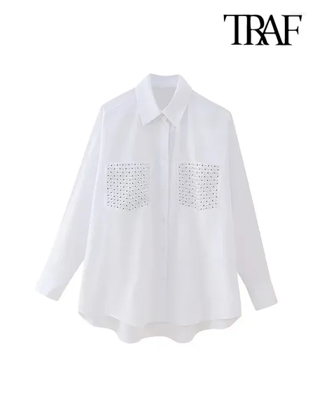 Blusas femininas moda feminina oversized cravejado popeline camisas vintage manga longa botão-up feminino blusas chiques