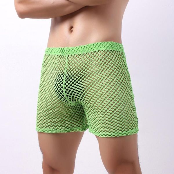 Mutande Uomo Mesh See Through Boxer Trunks Pantaloncini Intimo Traslucido Pigiama per la casa Sexy Calze a rete sportive Scava fuori Gamba lunga