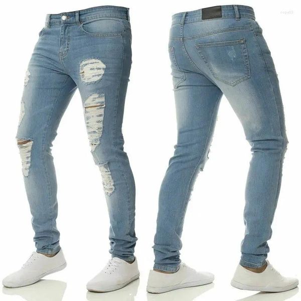 Jeans da uomo Jeans skinny elasticizzati strappati Tinta unita Elastico Slim Fit Pantaloni denim con foro distrutto Pantaloni alla moda casual