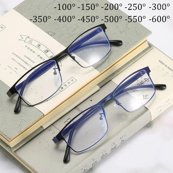 Sonnenbrille Anti -Blau -leichte Myopie -Brille Fertiger Geschäftsleute Frauen Metall Square Rezept Brille Diopter 0 -0,5 bis -6,0 Oculos