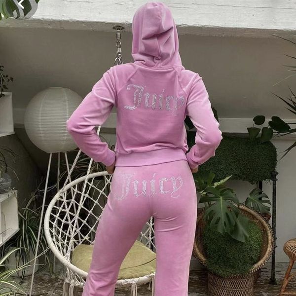 Calças femininas de duas peças 2023 Calças femininas de duas peças de manga comprida Juicy Tracksuit feminino veludo Couture roupas esportivas pulôver com capuz conjunto casual desgaste moletom az TTIJ