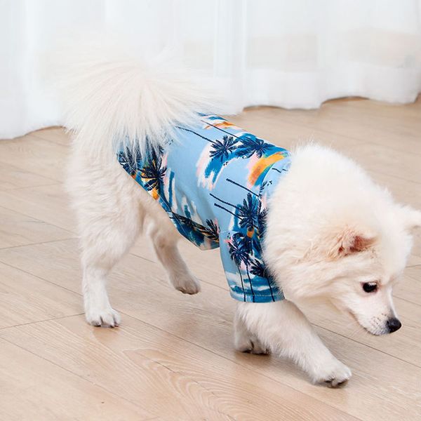 Abbigliamento per cani Pet Summer Beach Shirt Blue Coconut Tree Abbigliamento per gatti di taglia piccola e media Moda Seaside Forniture per cuccioli in stile hawaianoCane