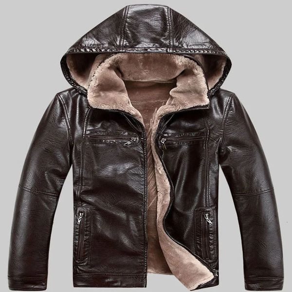 Herrenjacken Russland Winter Lederjacke Männer Dicke Kunstpelzmantel Lässige Kapuze Motorrad Männliche Beflockung Warmer Mantel 231115