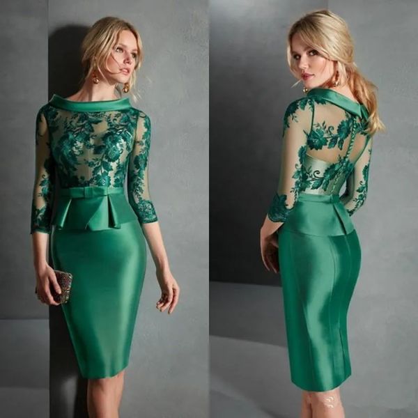 Elegante verde curto baile de formatura vestido de cocktail feminino 2024 colher 3/4 mangas rendas apliques peplum festa de aniversário jantar vestidos robe de soiree