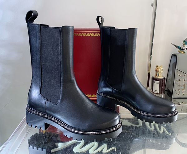 Luxus-Martin-Stiefel mit rundem Kopf, Strasssteinen, lockerer cremefarbener Sohle, wasserdichtes Plateau, dicke Sohle sorgt für schlankere und vielseitige Modeschuhe für Damen EU35-42 mit Box