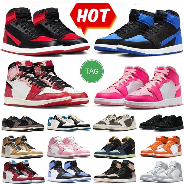 Jumpman 1 1s Tênis de basquete Royal Reimagined Satin Bred Spiderverse Origin Story UNC Toe Médio Soft Rosa Lobo Cinza Crimson Tint Tênis para homens e mulheres