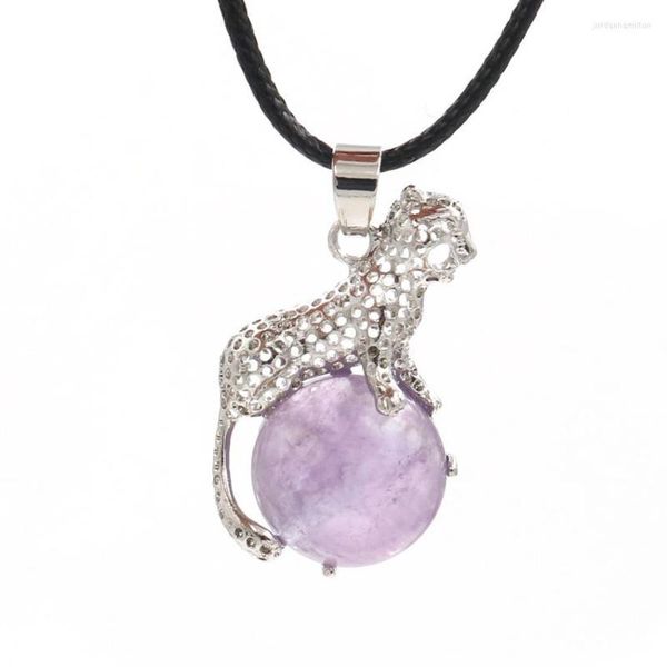 Anhänger Halsketten XSM versilbert Leopard Natürliche Amethyste Runde Steinperle Reiki Chakra Charms für Männer Halskette Schmuckherstellung 1St