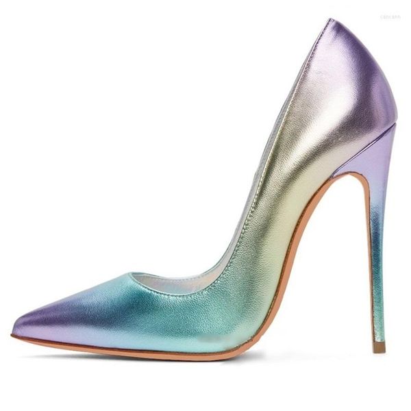 Scarpe eleganti Décolleté in pelle iridescente Luxury120MM Scarpe da donna basse con tacco a spillo color oro blu sfumato viola oro