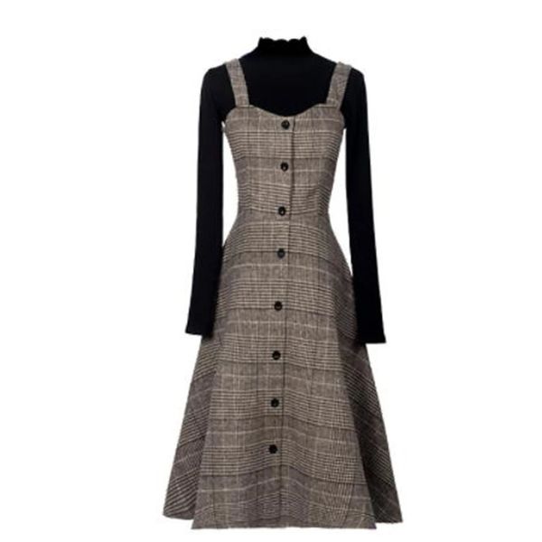 Temel gündelik elbiseler İngiltere tarzı sonbahar kış kadınları midi ofis sundress süspansiyonları vintage ekose yünlü kollu elbise zarif sıcak 231116