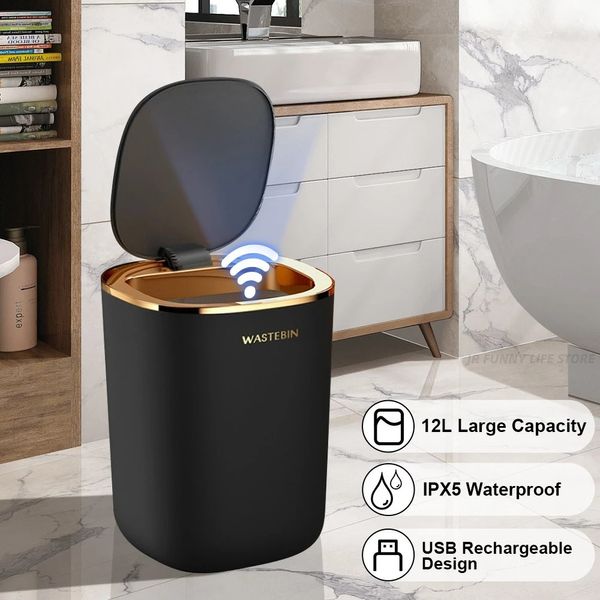 Lixeiras de lixo de banheiro com sensor inteligente, 12l, balde de lixo de luxo, automático, para cozinha, banheiro, casa 231116
