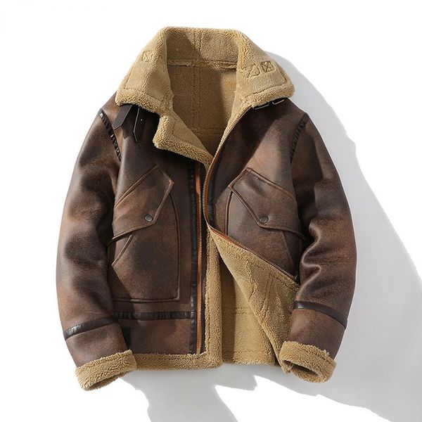 Мужские куртки высокого качества, мужская замшевая толстая куртка, зимняя теплая верхняя одежда, лоскутное пальто из искусственной овечьей шерсти с мехом, большие размеры M5XL 231116