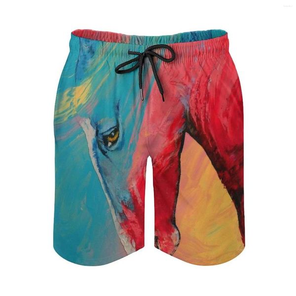 Shorts masculinos pintados cavalo praia 3d impressão solta prancha de surf beachwear vermelho grande abstrato rosa azul branco garanhão