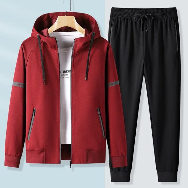 Fatos de treino masculino primavera outono lazer esportes jaqueta calças moletom masculino roupas esportivas jogger ternos algodão suor 2 conjunto preto