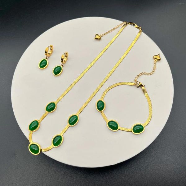 Colares de pingente de aço de titânio em forma especial verde gemstone esmeralda colar brincos pulseira conjunto retro lâmina cadeia acessórios mulheres
