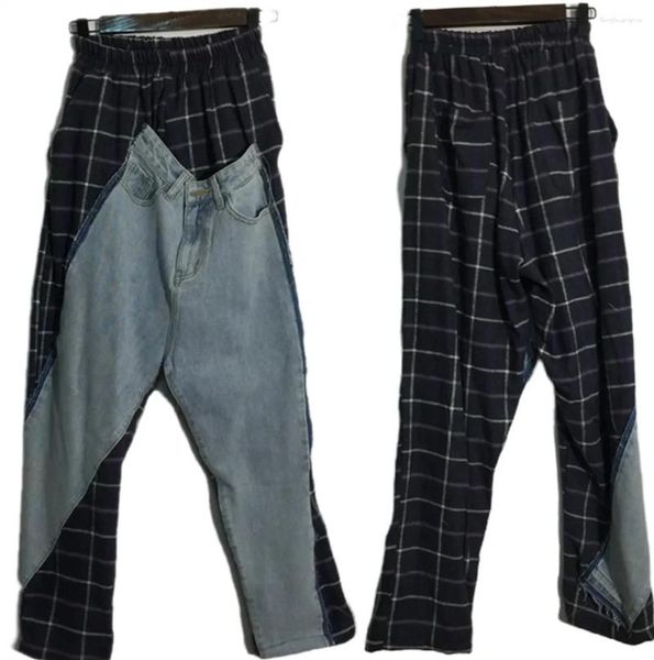 Jeans da donna Pantaloni patchwork in denim di colore a contrasto causale per donne e uomini Pantaloni scozzesi dritti larghi 2023 Moda estiva