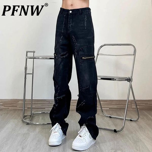 Jeans masculinos pfnw baggy americano high street vintage darkwear nicho zíper design reto na moda calças jeans maré chique 12z4756