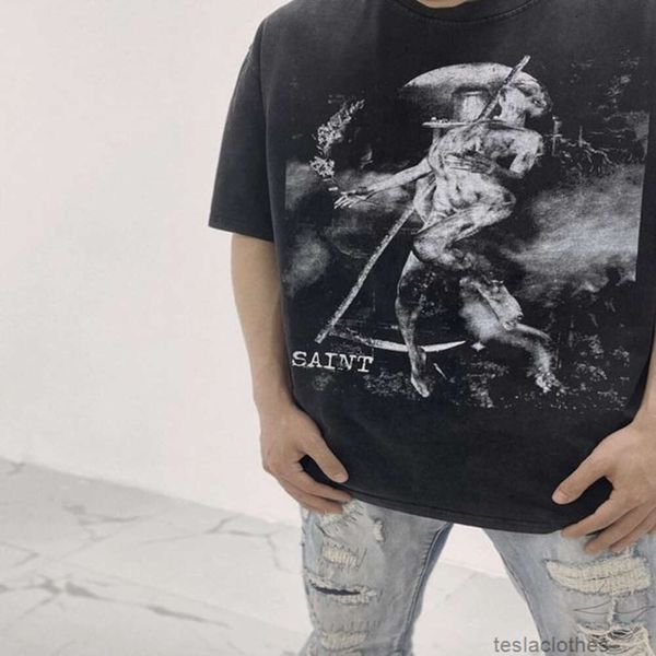 Мужские футболки Дизайнерская модная одежда Роскошные футболки Saint Michael Cho Death Dance American High Street Old Washed Винтажная футболка с коротким рукавом QEAJ