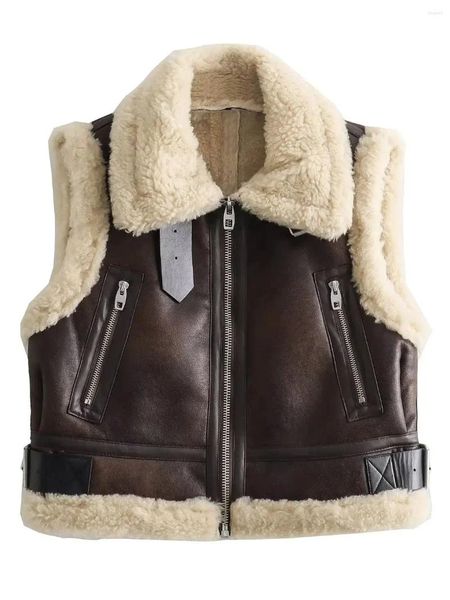 Coletes femininas xnwmnz moda 2023 outono/inverno dupla face faux pele colheita gilet mulheres zíper bolso versátil top feminino colete