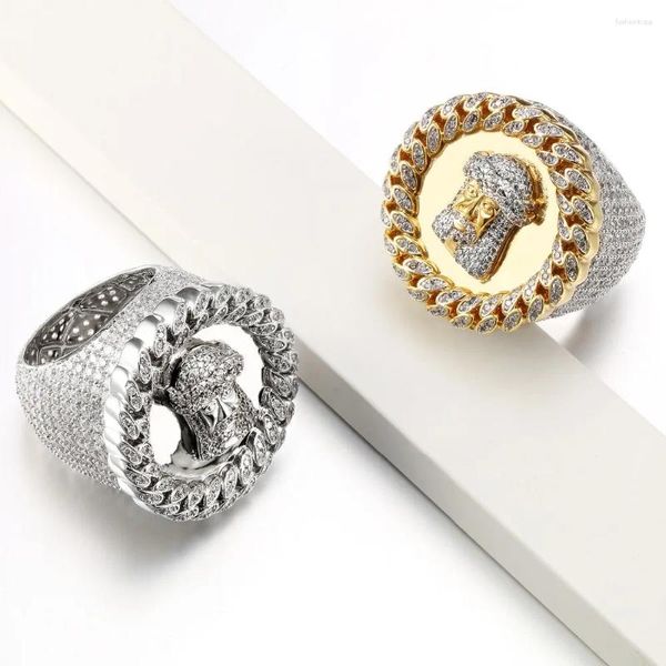 Cluster Anéis Jesus Face CZ Luxo para Homens Cubic Zirconia Latão Hip Hop Banhado A Ouro Fine Jewelry Zircon