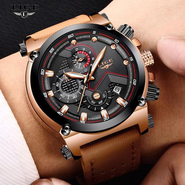 Relógios de punho Lige Moda MenS relógios Top Casual Sport Watch Men Leather à prova d'água Militar Watch Relogio Masculio 9856