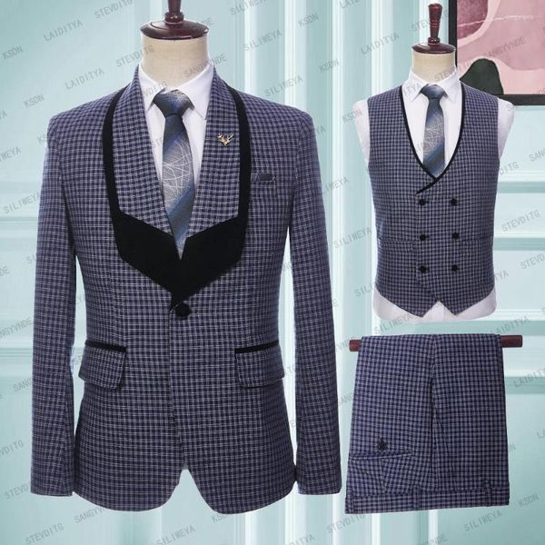 Abiti da uomo 2023 Lino da uomo di moda Colletto nero grande Casual Plaid blu scuro Maschile One Button 3 pezzi Set Blazer Giacca Pantaloni Gilet