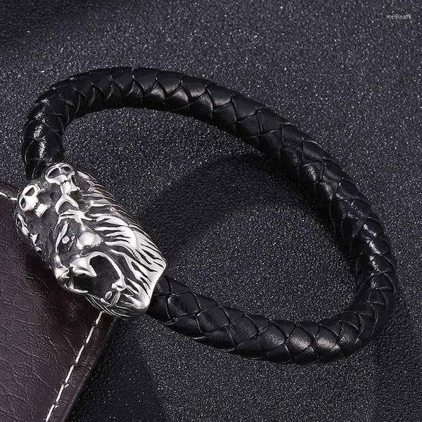 Braccialetti con ciondoli Stile punk Gioielli da uomo Bracciale in pelle intrecciata nera Leone Acciaio inossidabile Chiusura magnetica Cinturino da polso maschile Regali SP0071