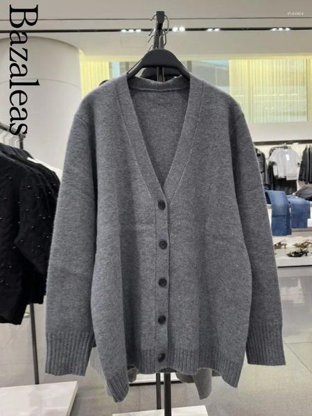 Damenstrick 2023 Bazaleas Store Grauer Cardigan Lässiger Pullover Einreihiger gestrickter langer Mantel Offizielle Strick-Outwears