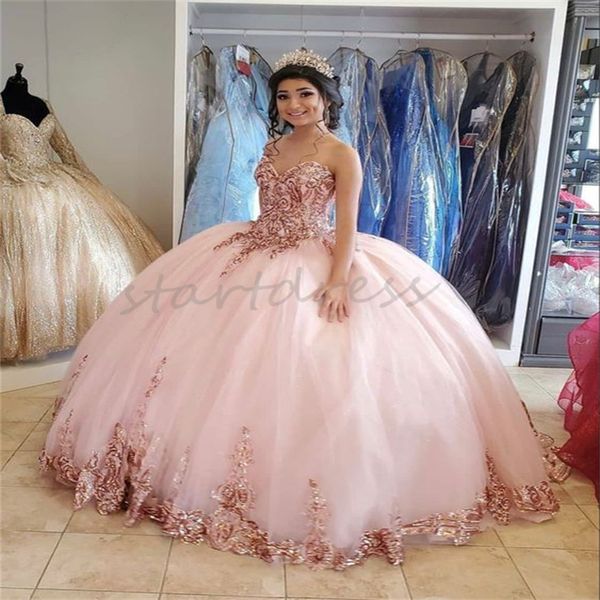 Блестящие розовые платья Quinceanera с блестками Porno Charro 2024 Vestidos De Xv 16 Anos Шестнадцатилетние платья для дня рождения Милая Пышный Тюль Vestidos De 15 Quinceanera